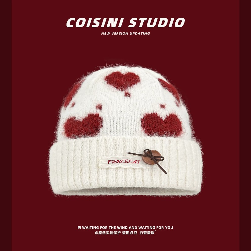 Beanie Cuffed Knit - Sweet Heart Pattern Jacquard Fuzzy Knit