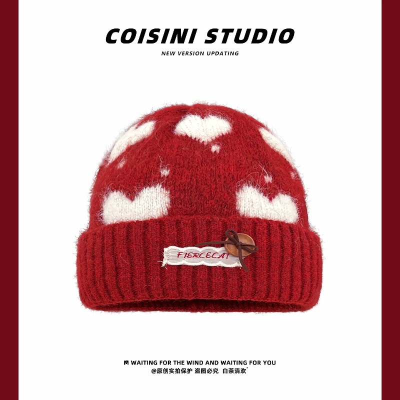 Sweet Heart Pattern Jacquard F - Beanie Cuffed Knit 评论和价格