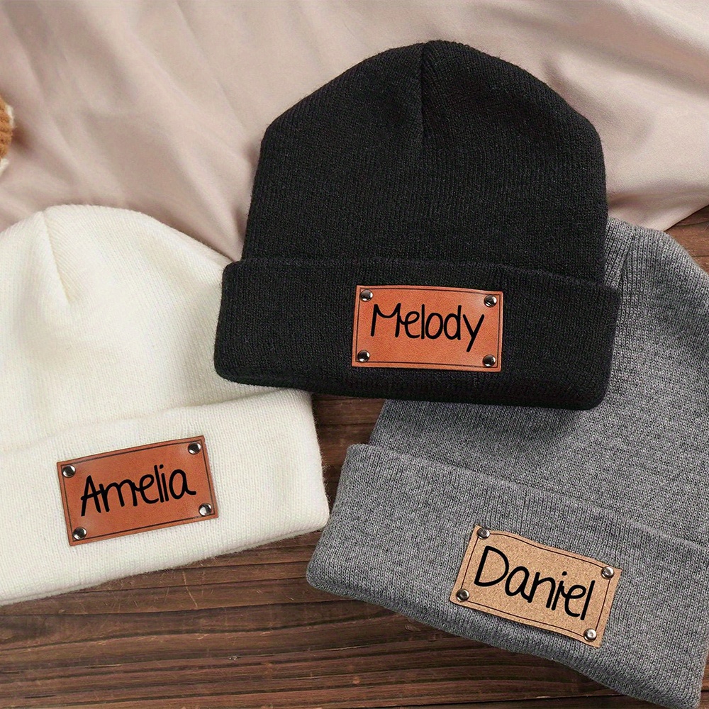 Custom Name Leather Label Knit - Beanie Cuffed Knit 评论和价格