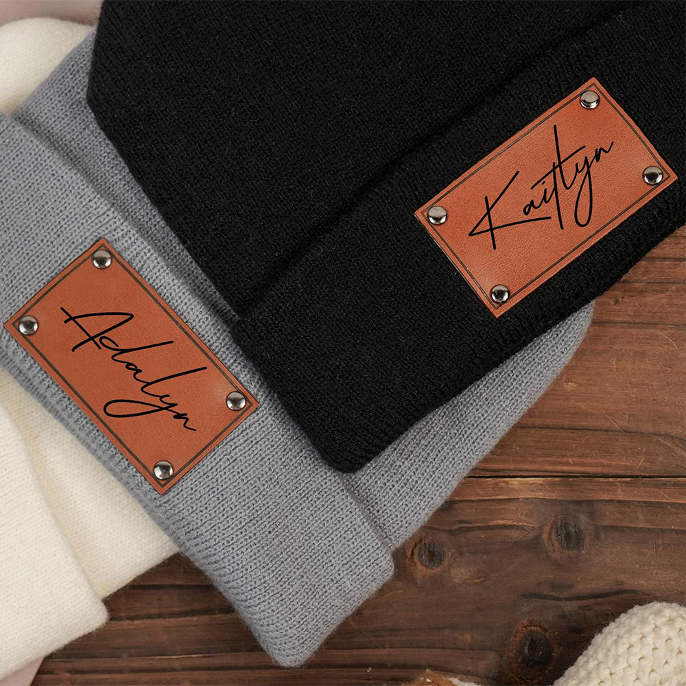 Custom Name Leather Label Knit - Beanie Cuffed Knit 评论和价格